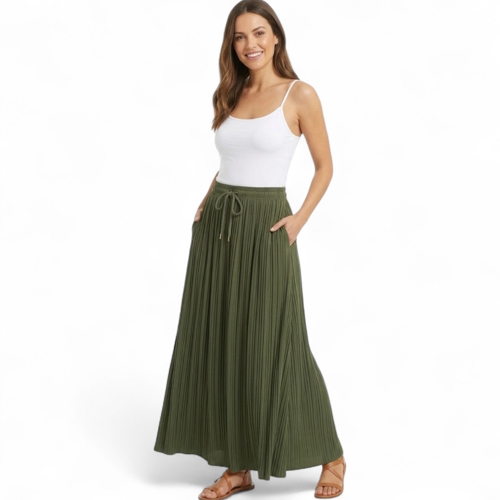New Mix Accordion Pleat Maxi Skirt Olive Green One Size Flowy Elastic Waist